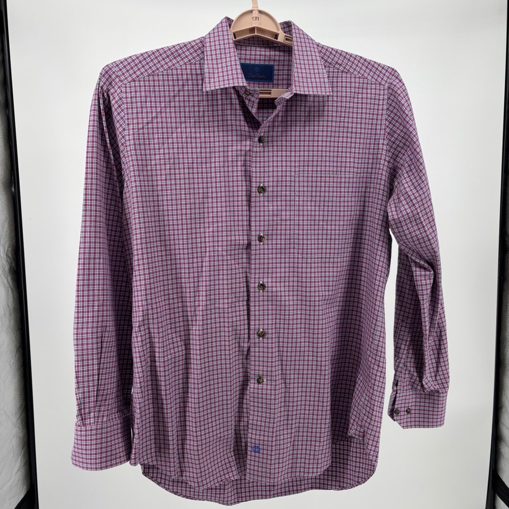 David Donahue Mens Purple White Check Cotton Button Down Dress Shirt Large L